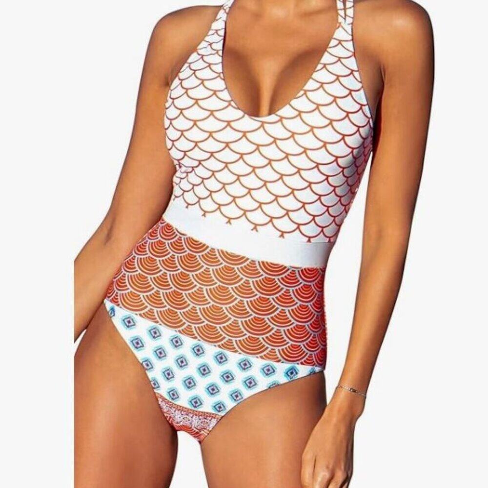 Cupshe Brand Women's XL Orange Geo-Print Scoop Neck One Piece Swimsuit